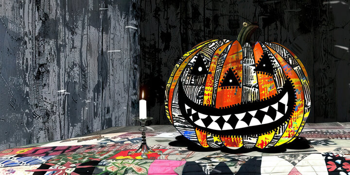 Collage Jack-o'-lantern with Candle on Patterned Surface