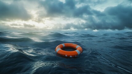 A lifebuoy floating in turbulent ocean waters under a cloudy sky.