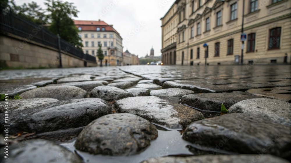 Poster a close-up view of a cobblestone street after a rain shower, with a small sprout emerging from the w