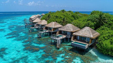 Aerial view of luxurious overwater villas in a tropical setting with clear blue waters.