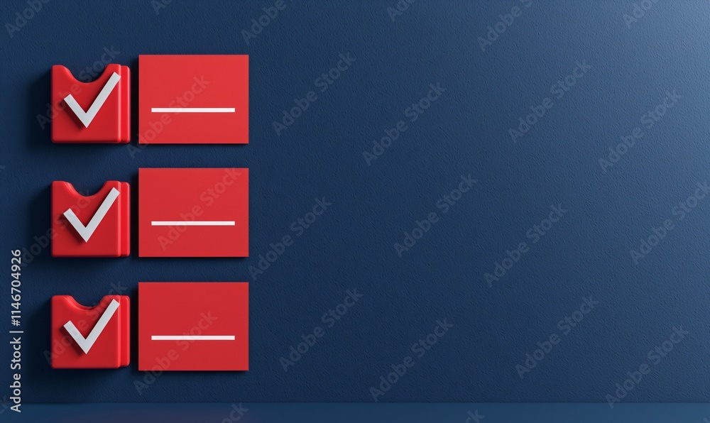 Poster checklist and decision making. checklists with red boxes on a blue background for task management.