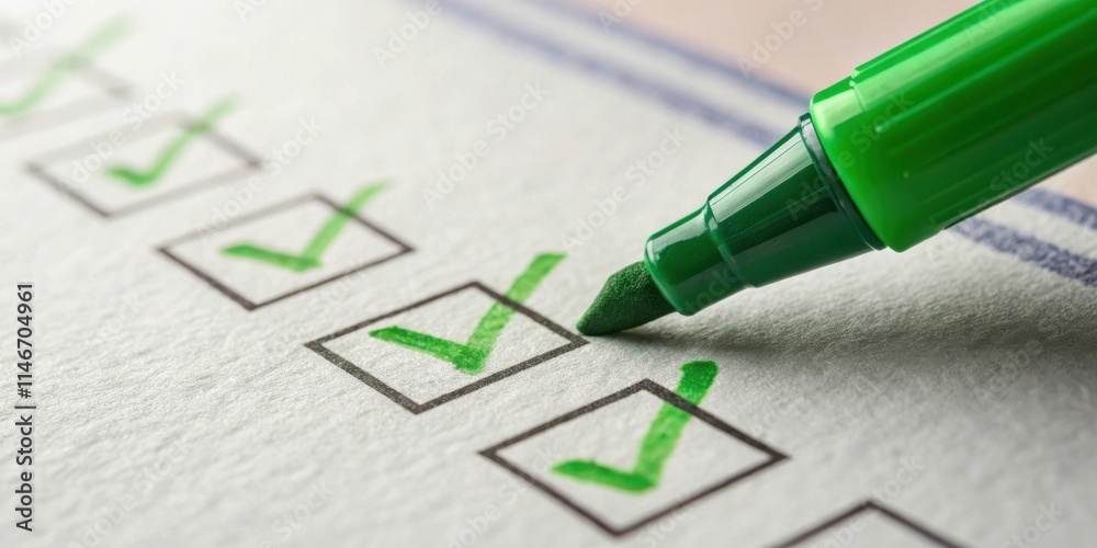 Aufkleber A close-up of a green marker filling in a checklist box with a green check mark on a white sheet of paper