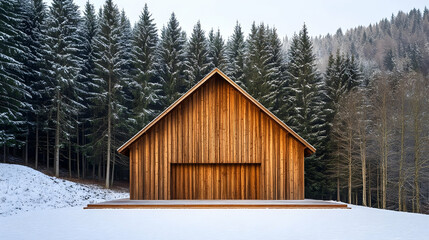 Finnish Timber Granary with wooden planks and snowy forest surroundings, rustic Nordic structure