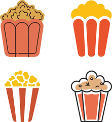 Four vector illustrations of popcorn on a white background.
