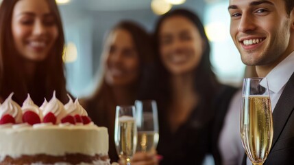 Happy colleagues celebrate with cake and champagne.