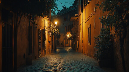 Charming cobblestone street illuminated by warm street lamps at night. 