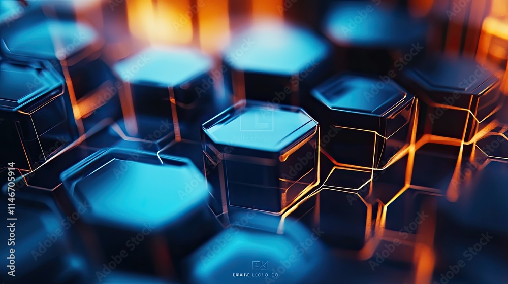 Poster a dynamic composition of abstract hexagon shapes filled with vibrant gradient tones, creating a mode