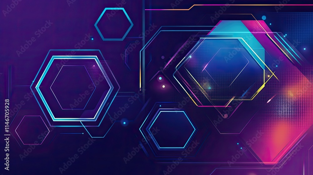 Poster a dynamic composition of abstract hexagon shapes filled with vibrant gradient tones, creating a mode