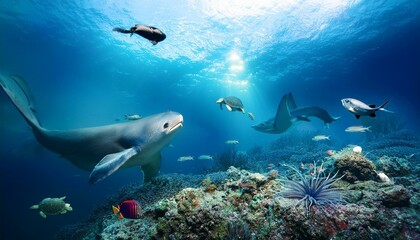 Fototapeta premium Polar Harmony: Majestic Polar Bear Amid Arctic Ice and Ocean Life