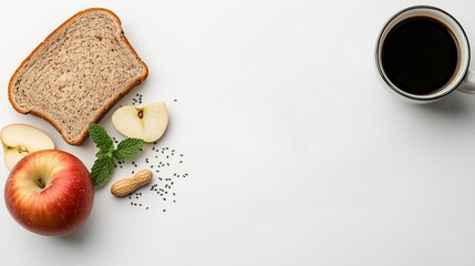 Healthy breakfast whole wheat bread, apple slices, chia seeds, peanut, mint, and coffee.