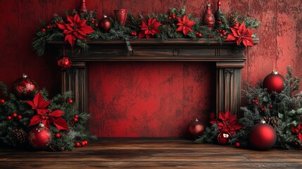 Festive Christmas fireplace with red decorations