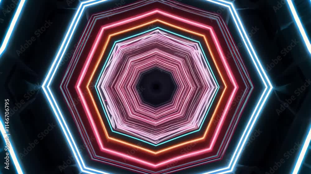 Poster colorful geometric patterns illuminate a mesmerizing tunnel with vibrant lights and shapes