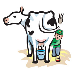 Cartoon characters of boy milking cow vector design