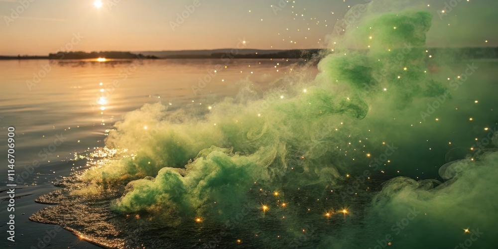 Aufkleber green smoke billows across the surface of a still lake, creating a magical scene with the golden lig