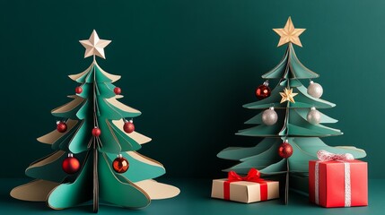 A paper Christmas tree cutout adorned ornaments, stars, and a wrapped gift, conveying a festive holiday atmosphere and creative design