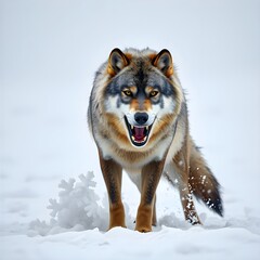 Fototapeta premium A wild gray wolf with its hackles raised, baring its teeth in anger, standing in the middle of a snowy landscape with a snowstorm raging around it. Professional photography, bokeh, natural lighting