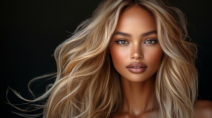 Obraz premium A portrait of a stunning blonde Black woman with long, wavy hair blowing in the wind, set against a dark black background.