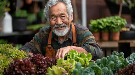 An elderly man smiles while tending to a variety of fresh greens at a market.