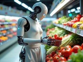 Robot shopper selecting fresh produce in a vibrant grocery store during daylight hours