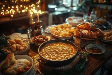 Fototapeta premium A festive table filled with various dishes, showcasing a warm, inviting holiday meal.