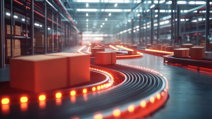 High-speed conveyor belts sorting packages warehouse industrial space efficient logistics aerial view automation concept