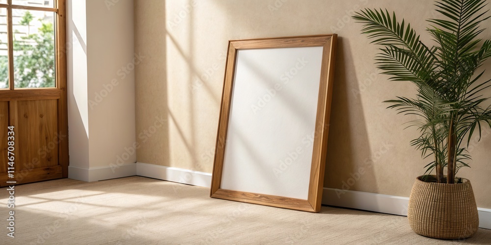 Aufkleber empty frame leaning against wall with sunlight streaming through window and palm plant in woven bask