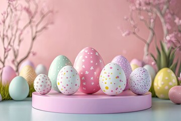 Happy Easter. Abstract art of colorful Easter Eggs with Pink or Purple background, and circle geometric shape. Product display podium mockup, 3d rendering illustration. 3D Illustration 