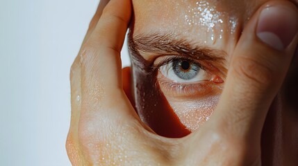 A candid close-up of a face partially obscured by a hand, tears visible, captured against a plain white background