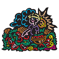 Cartoon characters of farmer Picking Strawberries vector design