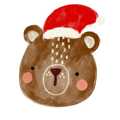 Cute baby bear wearing santa claus hat christmas crayon watercolor scandinavian jungle forest animals illustration png transparent nursery cutout clipart digital planner sticker