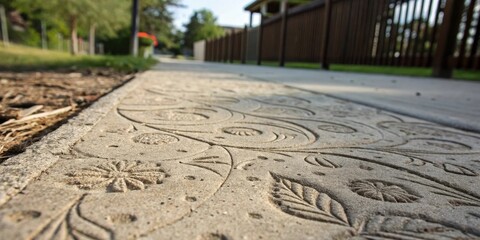 A close-up view of a patterned concrete sidewalk with intricate designs and a blurred background of green grass and a wooden fence.
