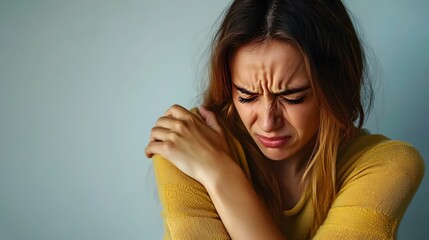 Fototapeta premium A half-body image of a woman cradling her arm in pain, her expression showing a mix of frustration and physical struggle