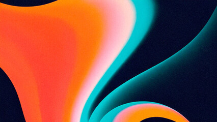 Vibrant and minimalistic design with large, swirling shapes in shades of orange, teal blue, pink, and yellow on a striking black background. The composition captures the energy of speed and movement, 