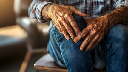 A full-body image of a man sitting cross-legged, one hand gripping his knee as his face shows chronic discomfort