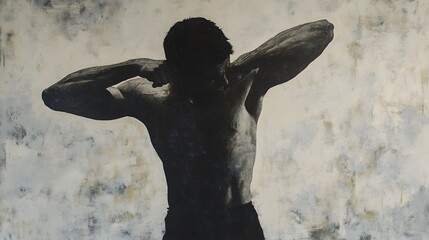 A full-body image of a man standing with his arm stretched across his chest, gripping his shoulder as his posture reflects tension