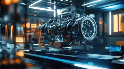 A high-tech engineering lab where an advanced engine design is being created.