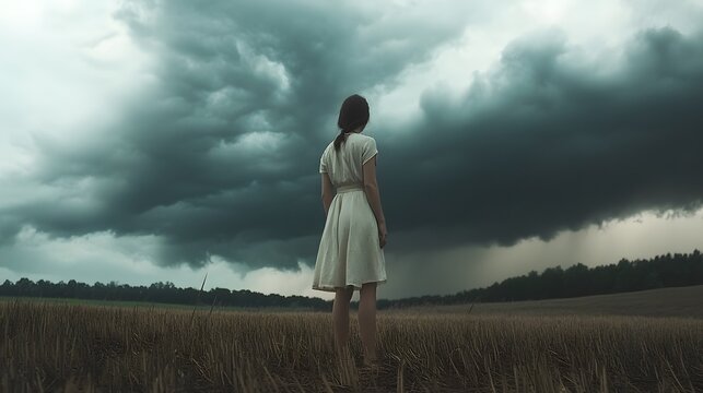A woman standing barefoot in a barren field, with dark storm clouds looming overhead, her face showing quiet despair