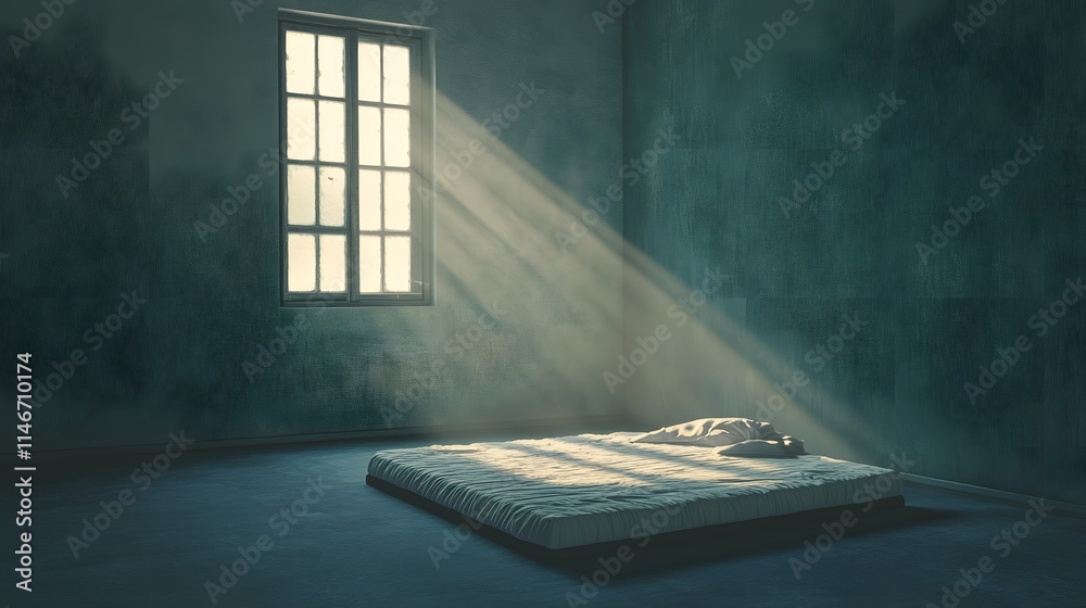 Aufkleber a person lying on a bare mattress in an empty room, with only faint light streaming through a cracke