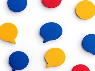 Colorful speech bubble shapes in red, blue, and yellow scattered on a white background, symbolizing communication and dialogue.