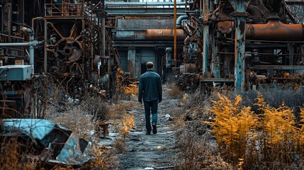 A man walking through an abandoned industrial zone, surrounded by rusting machinery and overgrown weeds, his steps heavy with defeat