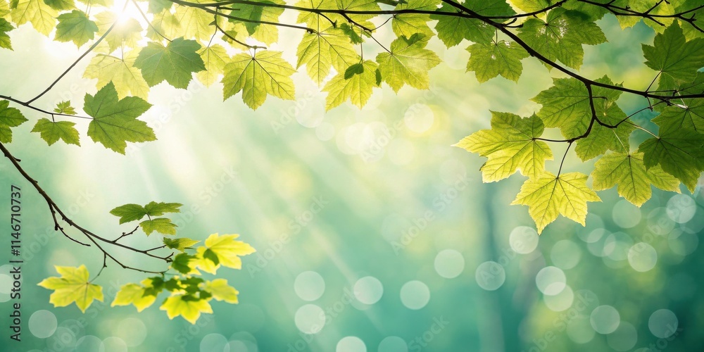 Poster sunlight filtering through a canopy of lush green leaves, casting a warm glow on the forest floor