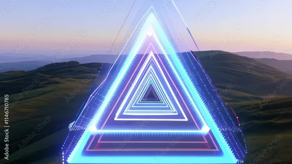 Poster illuminated triangle appears over rolling hills at sunset