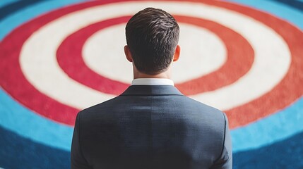 A man in a suit stands with his back to a colorful target design, symbolizing focus and goal-setting in a professional context.