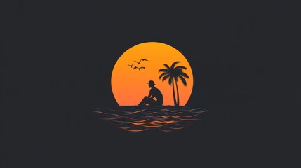 A silhouette of a person sitting by the sea at sunset, surrounded by palm trees and birds.