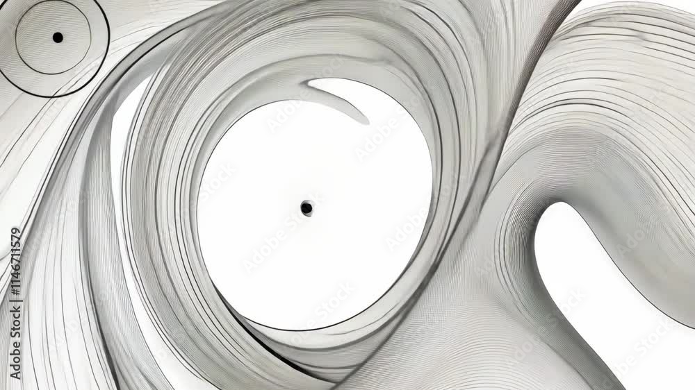 Poster abstract black and white swirl with circular elements and depth conveyed through smooth lines and sh