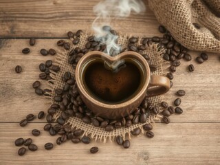 Aromatic coffee, heart-shaped steam, burlap, wood, image, organic