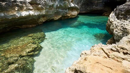 A tropical lagoon with crystal-clear water and vibrant coral reefs, surrounded by towering limestone cliffs
