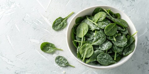 Obraz premium A bowl of fresh spinach leaves dusted with powdered sugar for a unique culinary experience
