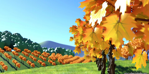 Autumnal Vineyard Landscape with Maple Leaves