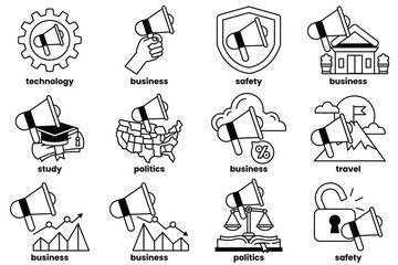 Illustration in concept of megaphone and business items in line style